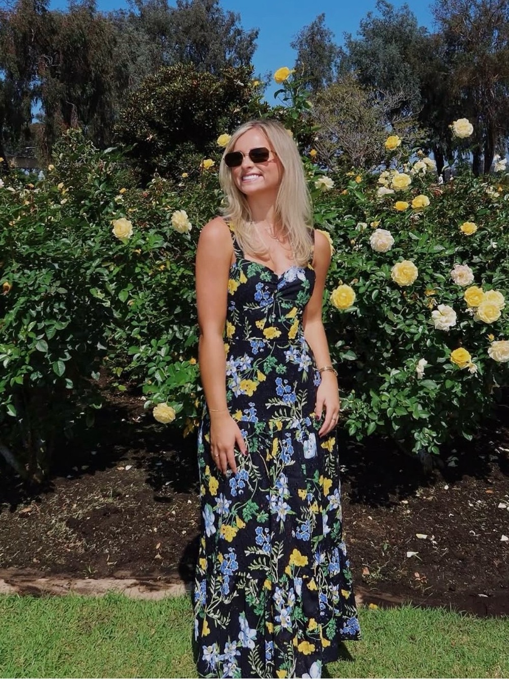 Zara Black Maxi Dress with Yellow & Blue Floral Print